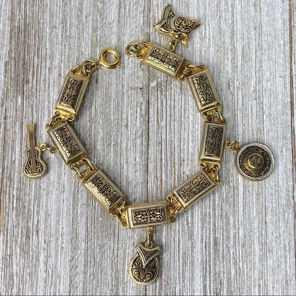 Arabesque Damascene Spanish Charm Link Bracelet